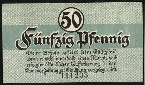 Notgeld Kamen 1920, 50 Pfennig, Kirche