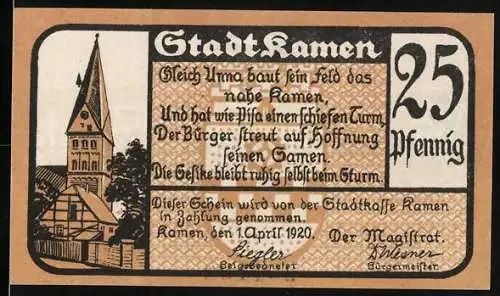 Notgeld Kamen 1920, 25 Pfennig, Kirche