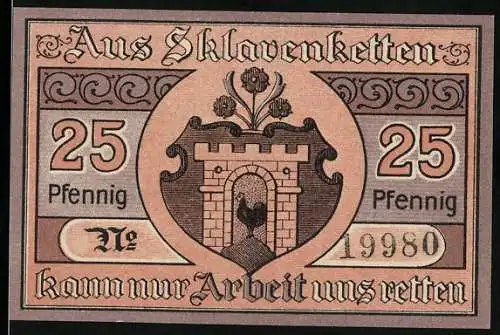 Notgeld Kaltennordheim 1919, 25 Pfennig, Bauer bringt die Saat auf dem Feld aus, Wappen