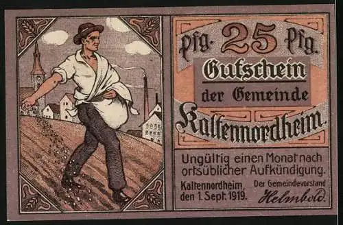 Notgeld Kaltennordheim 1919, 25 Pfennig, Bauer bringt die Saat auf dem Feld aus, Wappen