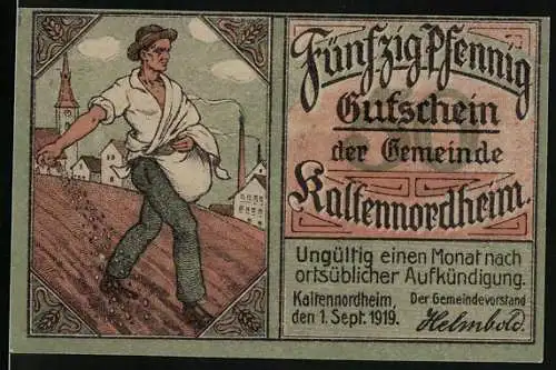 Notgeld Kaltennordheim 1919, 50 Pfennig, Bauer bringt die Saat auf dem Feld aus, Wappen