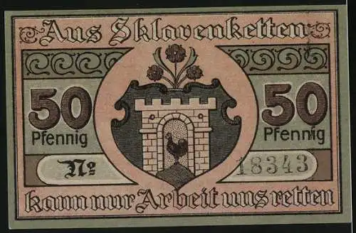 Notgeld Kaltennordheim 1919, 50 Pfennig, Bauer bringt die Saat auf dem Feld aus, Wappen