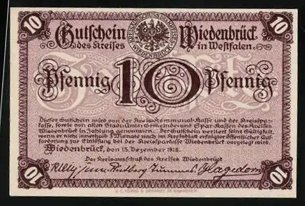Notgeld Wiedenbrück i. Westf. 1918, 10 Pfennig, Schloss und Gartenanlage