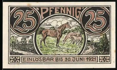 Notgeld Winsen 1921, 25 Pfennig, Pferde auf der Weide, Schäfer mit seiner Herde