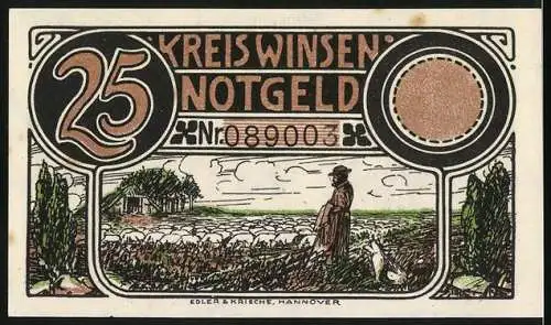 Notgeld Winsen 1921, 25 Pfennig, Pferde auf der Weide, Schäfer mit seiner Herde