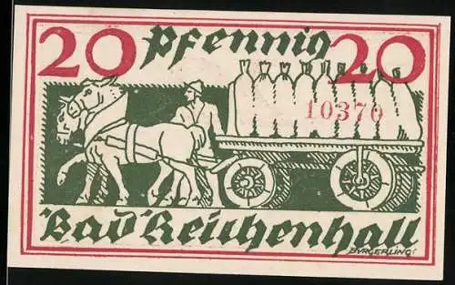 Notgeld Bad Reichenhall 1920, 20 Pfennig, Bauer mit Pferdefuhrwerk, Wappen