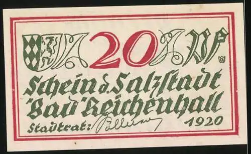 Notgeld Bad Reichenhall 1920, 20 Pfennig, Bauer mit Pferdefuhrwerk, Wappen