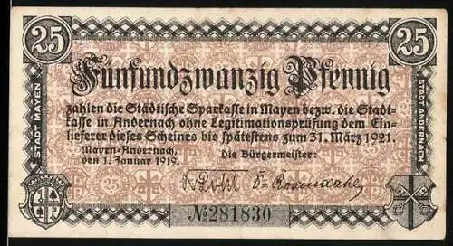 Notgeld Mayen 1919, 25 Pfennig, Wappen und Ornamentik