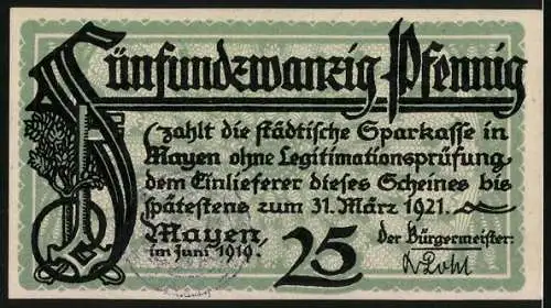 Notgeld Mayen 1919, 25 Pfennig, Schloss Bürresheim und Kirche