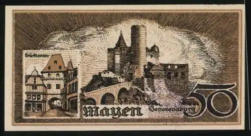 Notgeld Mayen 1921, 50 Pfennig, Genovevaburg und Brückentor