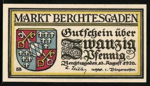 Notgeld Berchtesgaden 1920, 20 Pfennig, Watzmann vor aufgehender Sonne, Wappen
