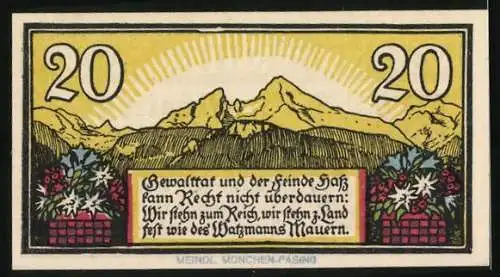 Notgeld Berchtesgaden 1920, 20 Pfennig, Watzmann vor aufgehender Sonne, Wappen