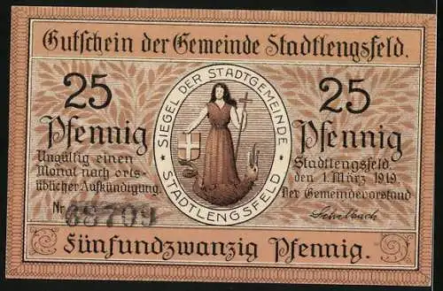 Notgeld Stadtlengsfeld 1919, 25 Pfennig, Kriegsmal für Stadtlengsfeld, Wappen