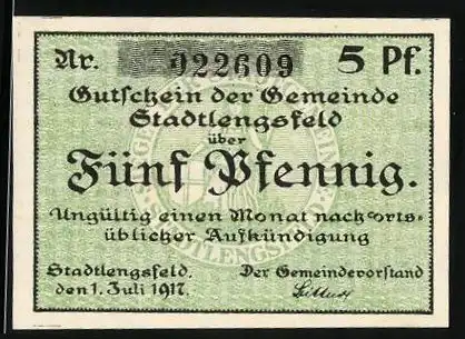 Notgeld Stadtlengsfeld 1917, 5 Pfennig, Wappen und Ornamentik