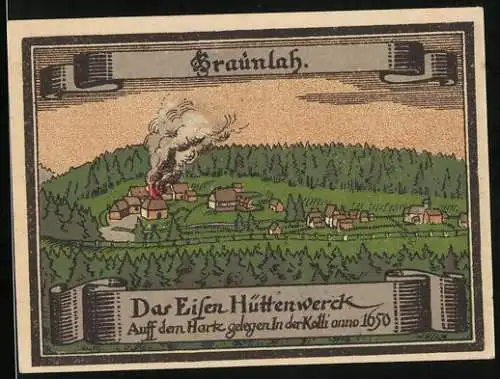 Notgeld Braunlage 1921, 50 Pfennig, Eisenhüttenwerk anno 1650, Wappen