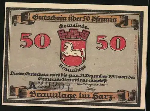 Notgeld Braunlage 1921, 50 Pfennig, Eisenhüttenwerk anno 1650, Wappen