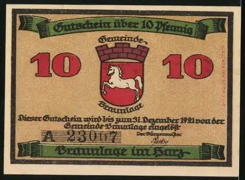 Notgeld Braunlage 1921, 10 Pfennig, Wald und Gebirge, Wappen