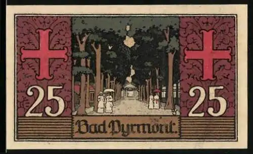 Notgeld Bad Pyrmont 1921, 25 Pfennig, Allee mit Spaziergängern