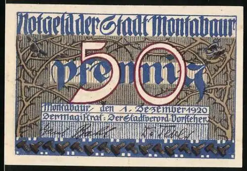 Notgeld Montabaur 1920, 50 Pfennig, Heiliger mit Stadtschlüssel, Schloss und Wappen