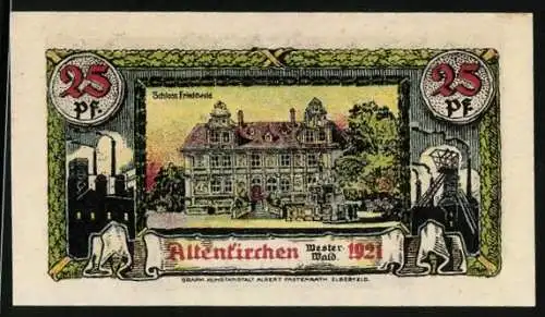 Notgeld Altenkirchen 1921, 25 Pfennig, Schloss Friedewald, Fabrikgebäude, Wappen