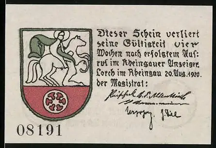 Notgeld Lorch am Rhein 1920, 25 Pfennig, Wappen, Mann mit Weinglas, Frau mit Apfel in der Hand