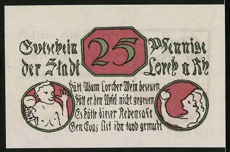 Notgeld Lorch am Rhein 1920, 25 Pfennig, Wappen, Mann mit Weinglas, Frau mit Apfel in der Hand