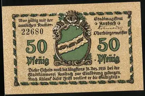 Notgeld Ansbach 1918, 50 Pfennig, Herrieder Tor