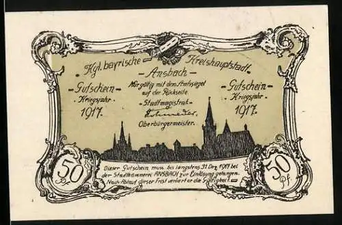 Notgeld Ansbach 1917, 50 Pfennig, Panorama der Stadt