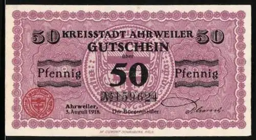 Notgeld Ahrweiler 1918, 50 Pfennig, Wappen und Ornamentik