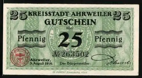 Notgeld Ahrweiler 1918, 25 Pfennig, Wappen und Ornamentik