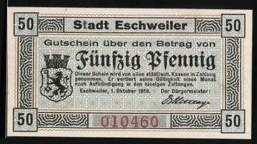 Notgeld Eschweiler 1918, 50 Pfennig, Wappen und Spruch Gedenke, dass Du ein Deutscher bist!