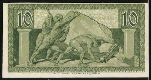 Notgeld Bonn 1920, 10 Pfennig, Männer bewegen einen grossen Felsklotz