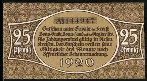 Notgeld Bonn 1920, 25 Pfennig, Männer bewegen einen grossen Felsklotz