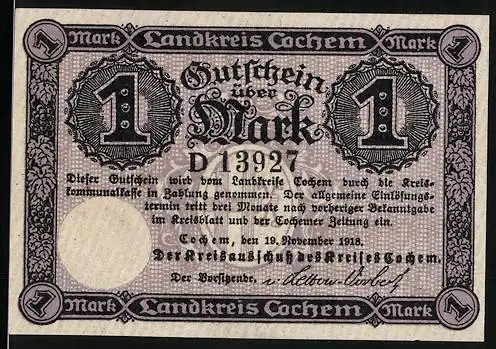 Notgeld Cochem 1918, 1 Mark, Burg Cochem