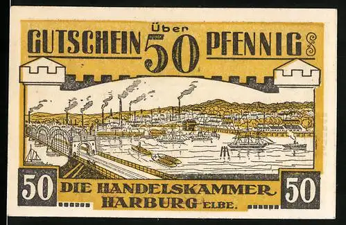Notgeld Hamburg-Harburg, 50 Pfennig, Wappen und Hafenansicht