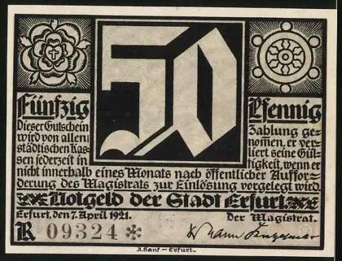 Notgeld Erfurt 1921, 50 Pfennig, Porträt Martin Luther