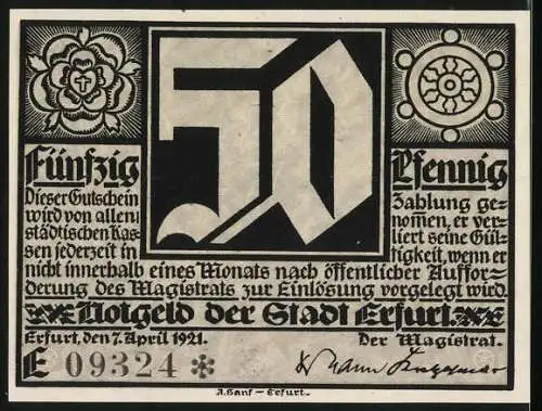 Notgeld Erfurt 1921, 50 Pfennig, Martin Luther mit erhobenen Händen