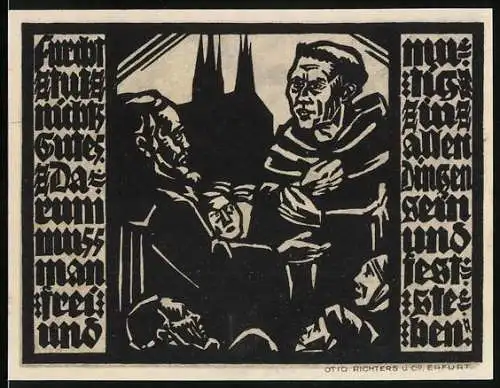 Notgeld Erfurt 1921, 50 Pfennig, Martin Luther mit Bewohnern der Stadt, Steuerrad, Rose und Kreuz