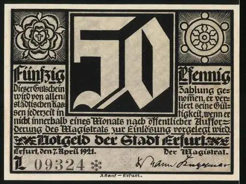 Notgeld Erfurt 1921, 50 Pfennig, Martin Luther mit Bewohnern der Stadt, Steuerrad, Rose und Kreuz