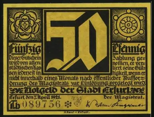 Notgeld Erfurt 1921, 50 Pfennig, Mann erblickt das Licht der aufgehenden Sonne