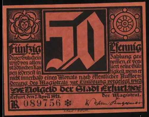 Notgeld Erfurt 1921, 50 Pfennig, Bildnis Martin Luther