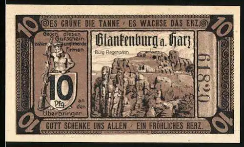 Notgeld Blankenburg / Harz 1920, 10 Pfennig, Burg Regenstein