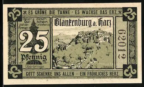 Notgeld Blankenburg / Harz 1920, 25 Pfennig, Ortsansicht