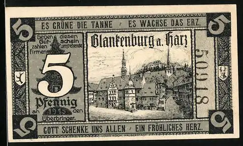 Notgeld Blankenburg / Harz 1920, 5 Pfennig, Rathaus