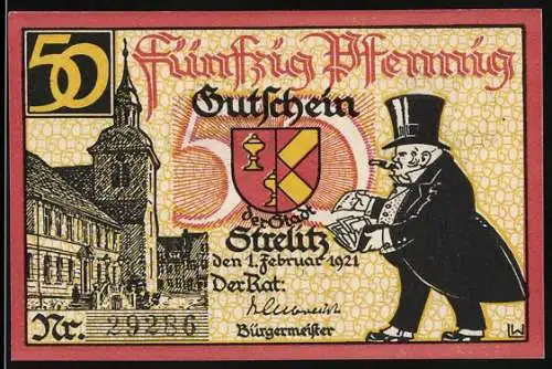 Notgeld Strelitz 1921, 50 Pfennig, Rathaus, Wappen und Mann mit Zylinder, Zigarre und Geldscheinen in der Hand