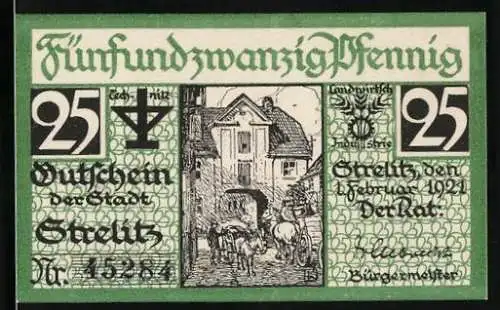 Notgeld Strelitz 1921, 25 Pfennig, Strassenpartie mit Fuhrwerk, Mann mit Glocke in der Hand verliest eine Neuigkeit