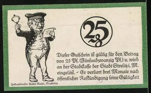 Notgeld Strelitz 1921, 25 Pfennig, Strassenpartie mit Fuhrwerk, Mann mit Glocke in der Hand verliest eine Neuigkeit