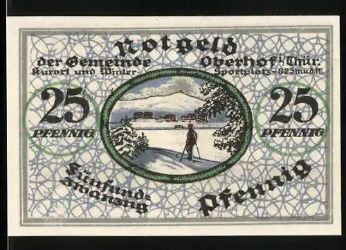 Notgeld Oberhof / Thür. 1919, 25 Pfennig, Skifahrer in Winterlandschaft