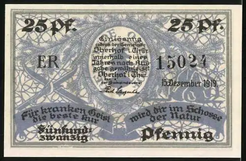 Notgeld Oberhof / Thür. 1919, 25 Pfennig, Skifahrer in Winterlandschaft