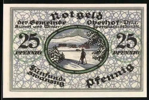 Notgeld Oberhof / Thür. 1919, 25 Pfennig, Skifahrer in Winterlandschaft